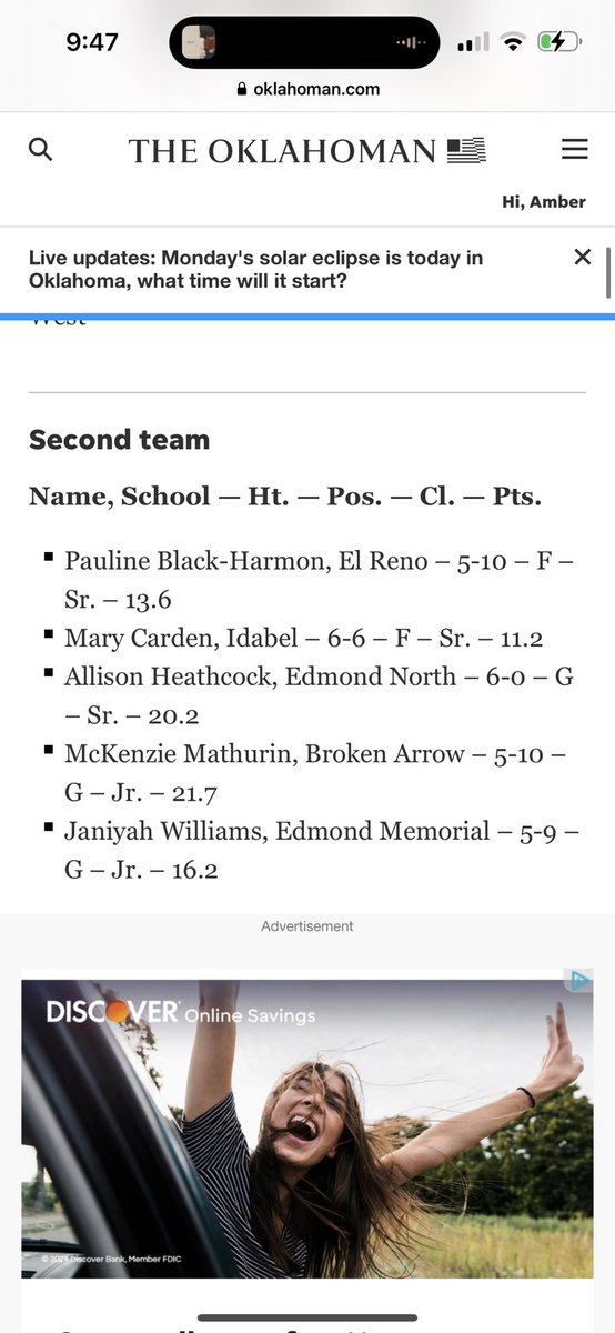 Thank you Oklahoman for selecting me for 6A All-State team and 2nd team Super 5 🔥 All possible because of my teammates and coaches. 💛🖤 #GoBA 🐅 @batigersports @LadyTigerWBB