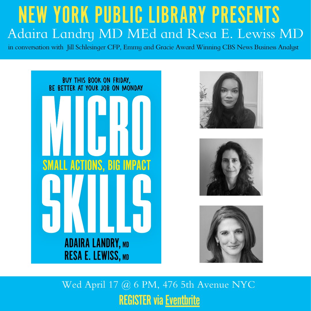 First live event for MicroSkills: Small Action, Big Impact is at main branch New York Public Library @nypl; April 17th! Moderated by Jill Schlesinger CFP, Emmy & Gracie Award Winning @CBSNews Business Analyst. @ResaELewiss @jillonmoney @NYPLEvents eventbrite.com/e/author-talk-…