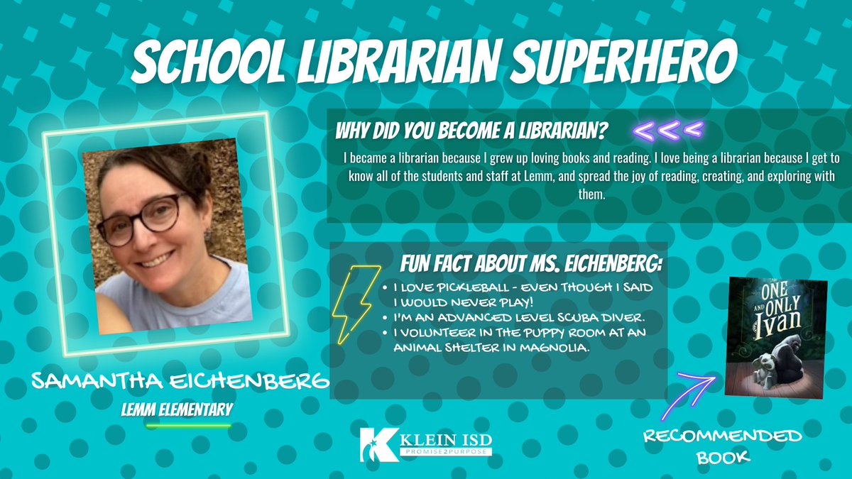 Klein ISD has the best school librarians around and Ms. Eichenberg is proof! She fosters a love of reading in each @LemmKISD Lion everyday, collaborates with teachers and provides a bridge between the school library and school community. #NationalLibraryWeek #KleinLibraries