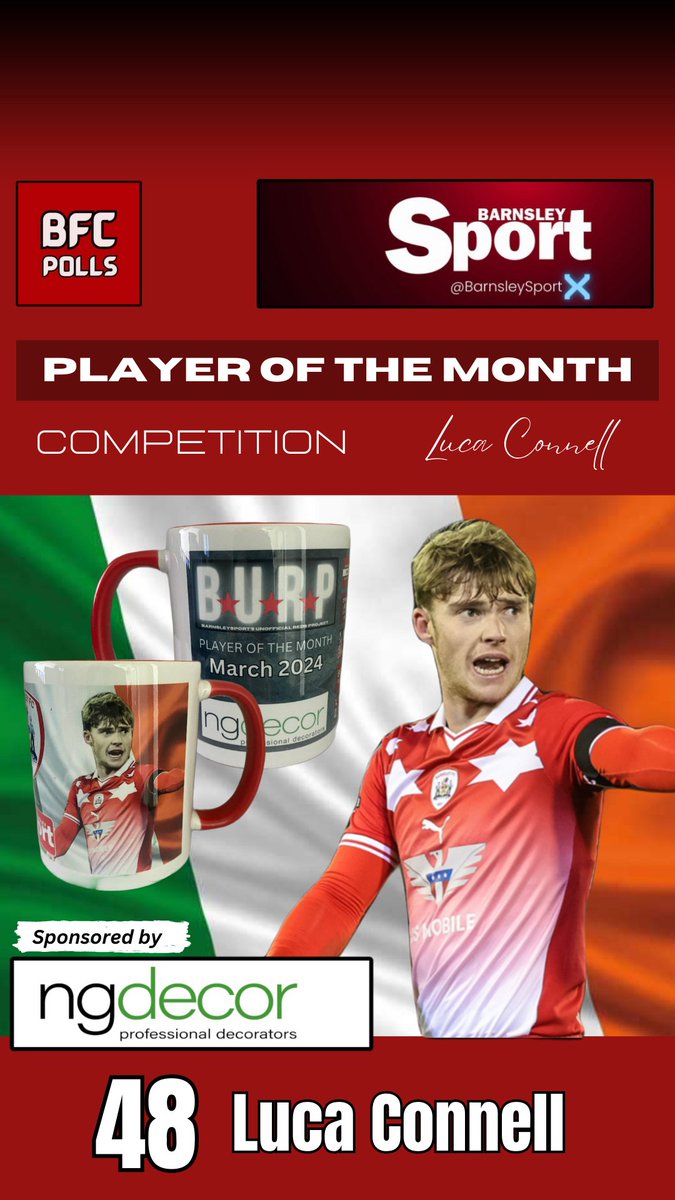 Barnsleyfcpolls's tweet photo. @BarnsleySportX 

March - POTM competition 
sponsored by @NGDecorLtd

2️⃣ limited edition mugs up for grabs featuring no other than ...

👉  Luca CONNELL  

To enter 👇

1️⃣ Like
2️⃣ Follow
3️⃣ Retweet this tweet

Good luck to all entries 🤞

#barnsleyfc https://t.co/wqquQHizgm
