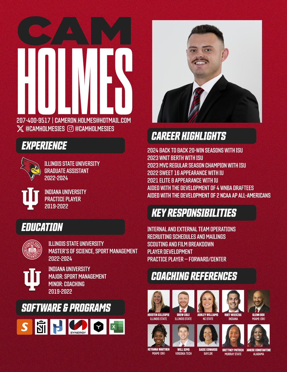 🚨COACHES🚨 For those in need of a DOBO or support staff member, please contact me! I have just completed my second and final year as a GA/Interim Ops for @RedbirdWBB, and I am currently in search of my next position. All of my information and references are attached below!