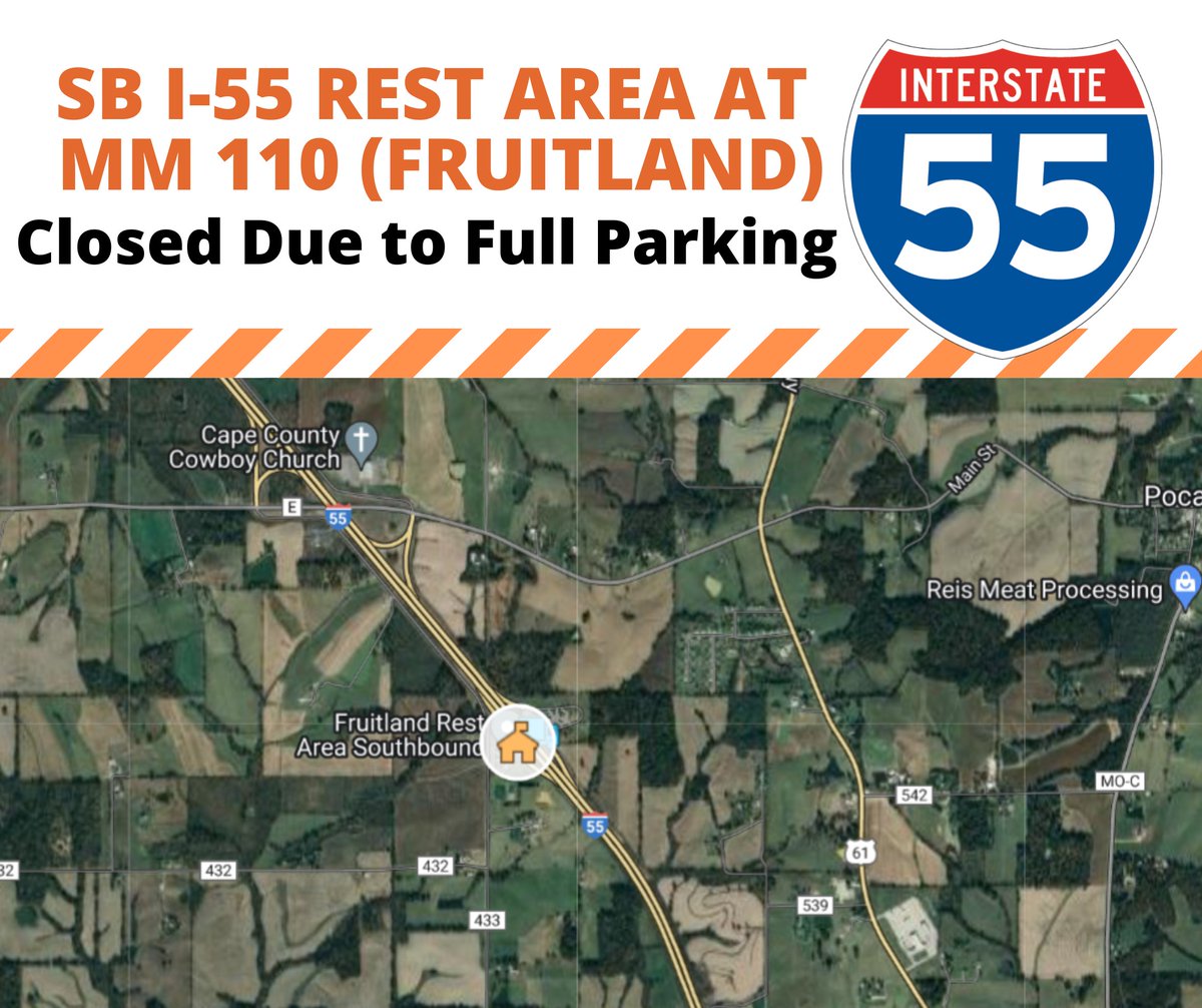 The southbound I-55 rest area at mile marker 110 (Fruitland) is currently closed due to full parking.