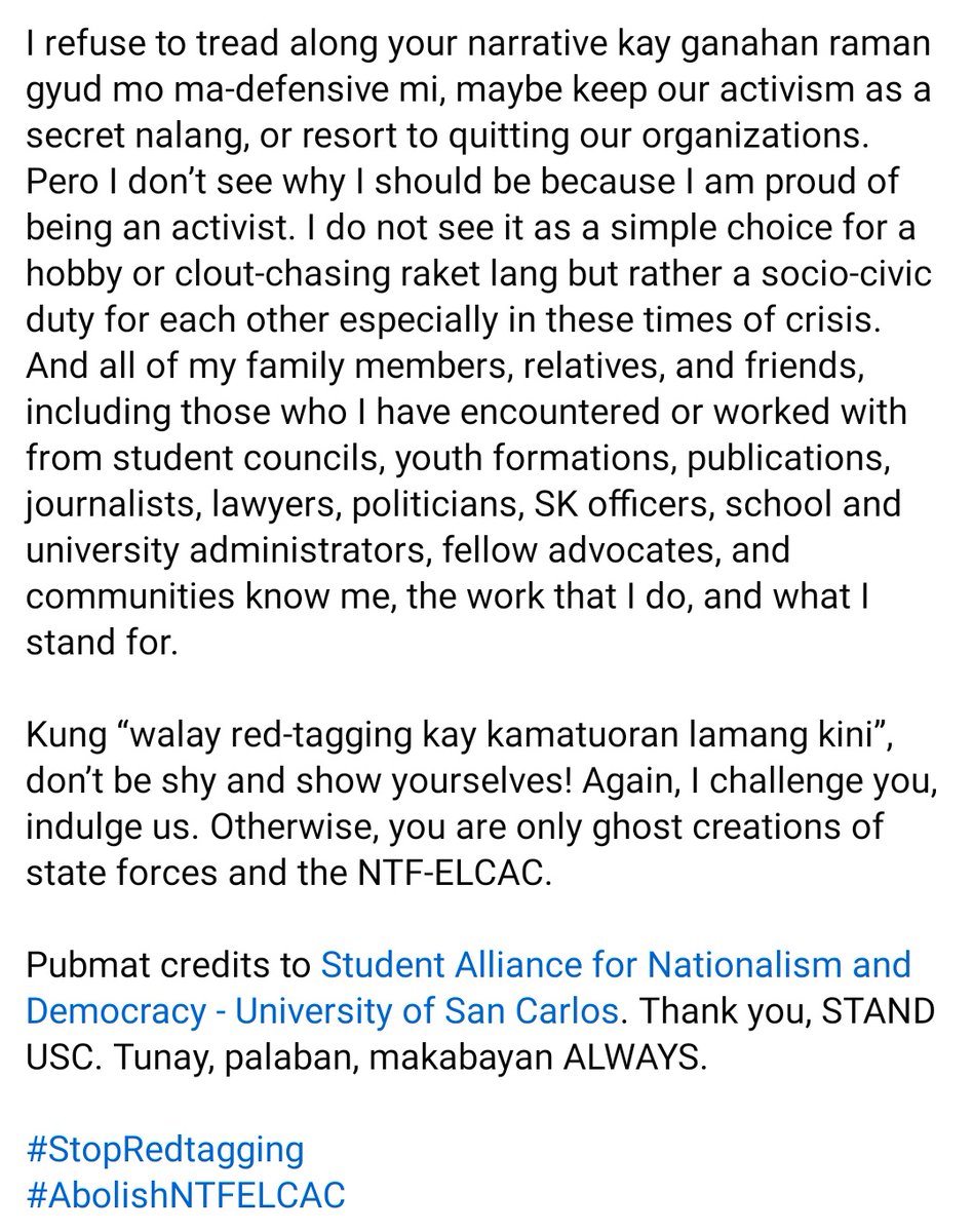 Red-tagging posters were seen around USC DC with me, fellow Cebu mass-leaders, and logos of progressive orgs. This is my official statement, along with an open letter and open challenge to the poster signatory. Makatarunganon Ang pakigbisog! #StopRedtagging #AbolishNTFELCAC