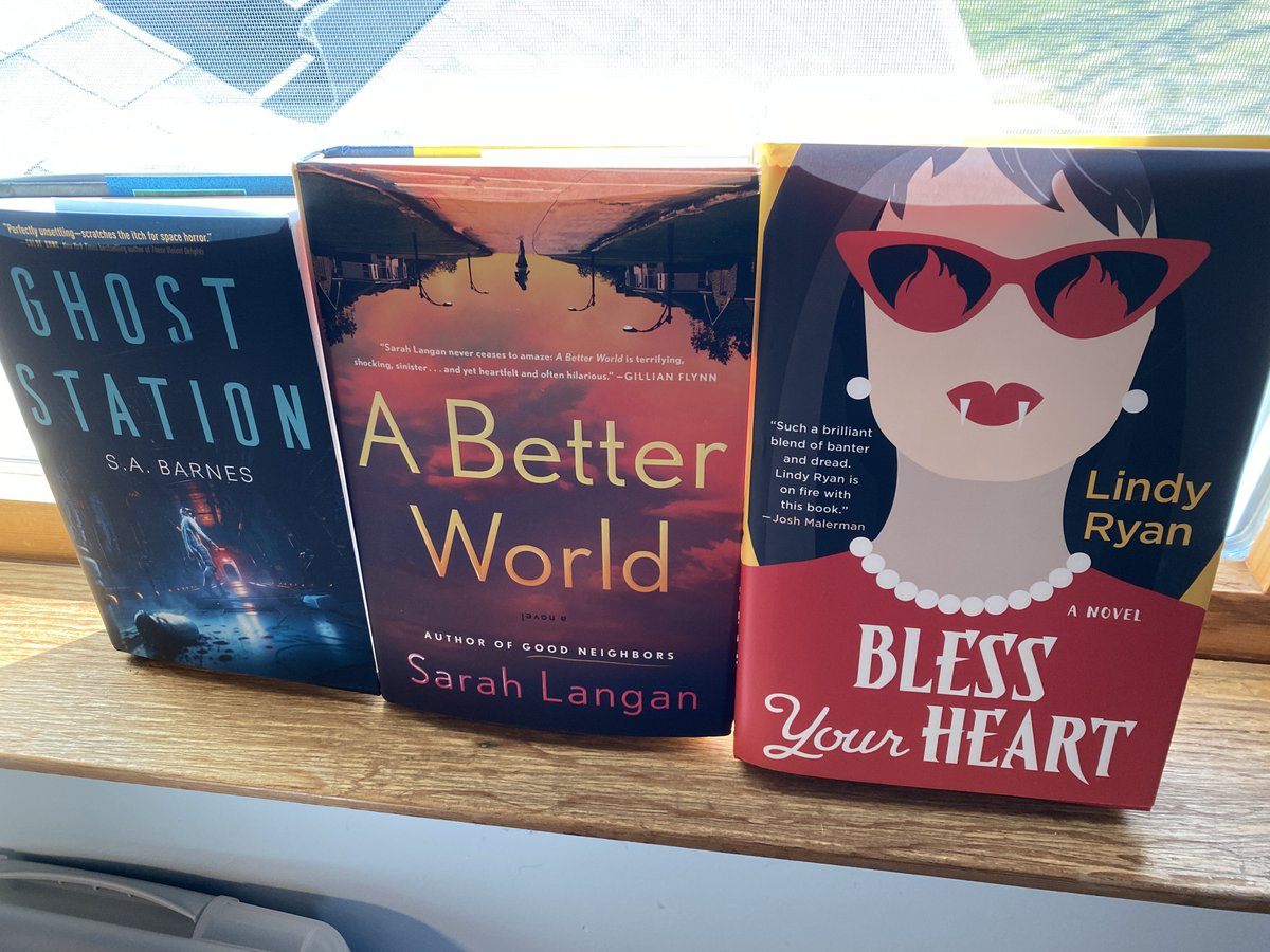 Book mail is the BEST mail. I've already blurbed @SarahVLangan1's stunning A BETTER WORLD and @lindyryanwrites gorgeous debut, BLESS YOUR HEART. Can't wait to read GHOST STATION by S A Barnes. (I loved Dead Silence.) 2024 is already another stellar year for horror!