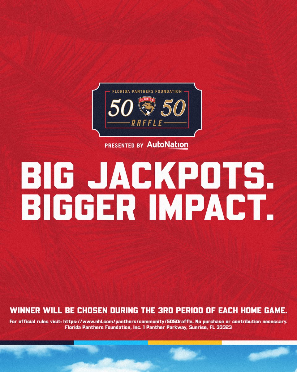 Get ahead of the game and grab your 50/50 raffle ticket now! Purchase a ticket online or from one of our sellers inside @AmerantArena at tomorrow's game! Price points are doubled until puck drop. 🎟️ » flapanthers5050.com