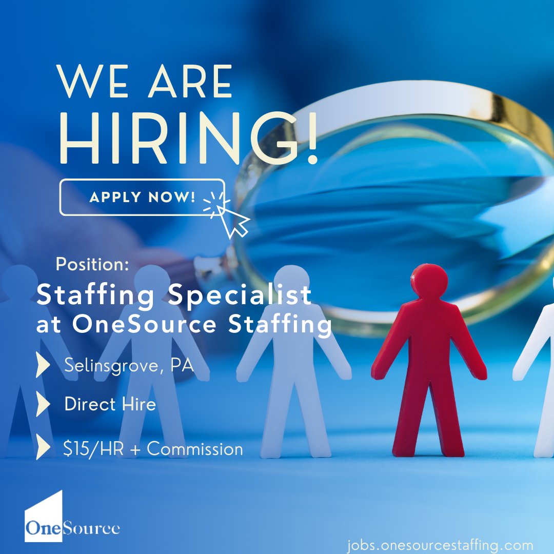 We are hiring a Staffing Specialist in Selinsgrove, PA.

If you are interested in applying for this job, fill out an application here: nsl.ink/djsL

#NowHiring #OneSourceStaffing #SelinsgrovePAJobs