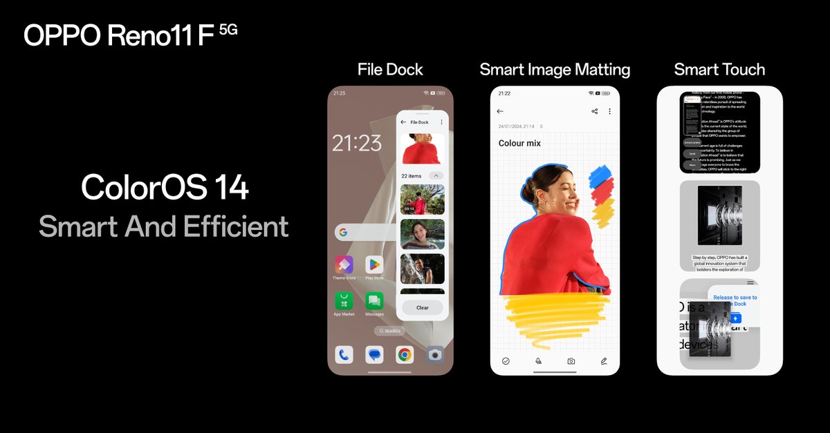 With the enhanced capabilities of ColorOS14, experience a smoother editing workflow with the intuitive features of Smart Image Matting, Smart Touch, and File Dock 🎨💻 Now accessible on #OPPOReno11F5G.