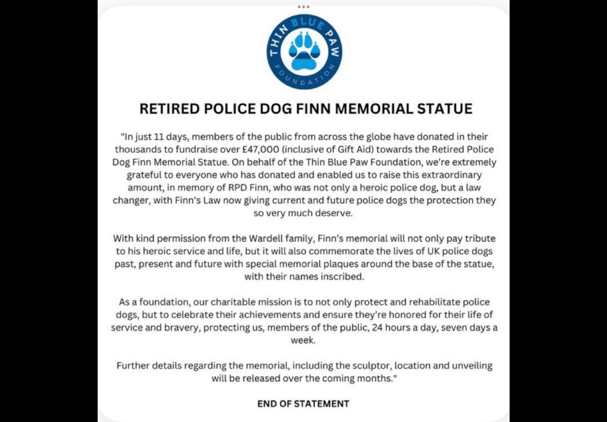 I expect it won’t be long before details are released regarding the RPD FINN Memorial Statue. Approximately £50k was collected & paid to TBP October 2023 (@ChtyCommission ) Location Cost Sculpture How will data be collected for past, present & future Amazing PDs