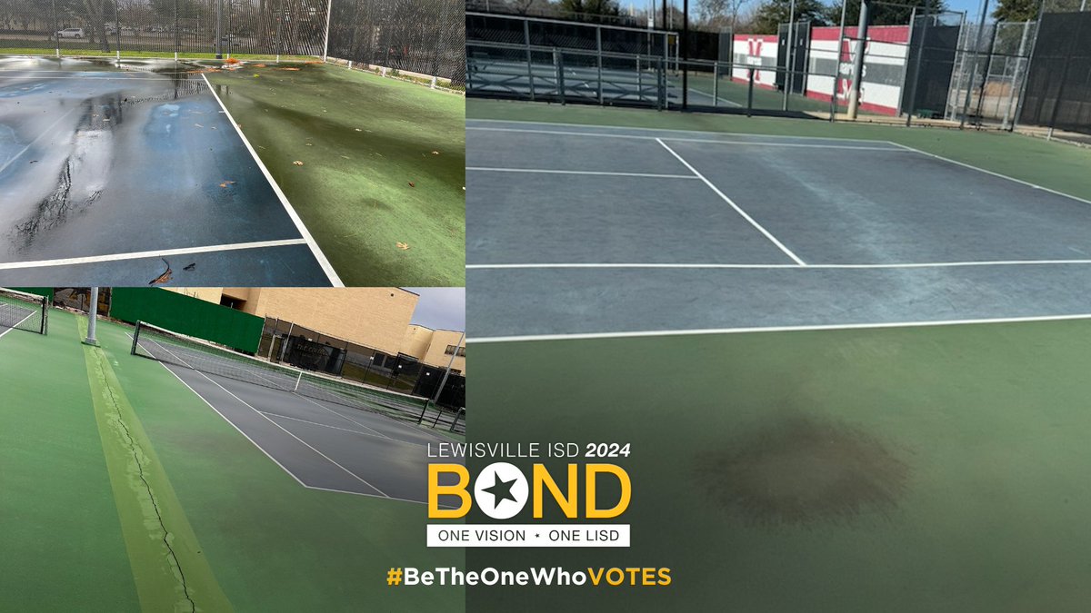 Included in Prop B of the upcoming bond referendum is the resurfacing for three high school tennis courts and fencing for one. These tennis courts face flooding throughout the season, and have cracks, holes and tears in the surfaces. #BeTheOneWhoVOTEs #OneLISD