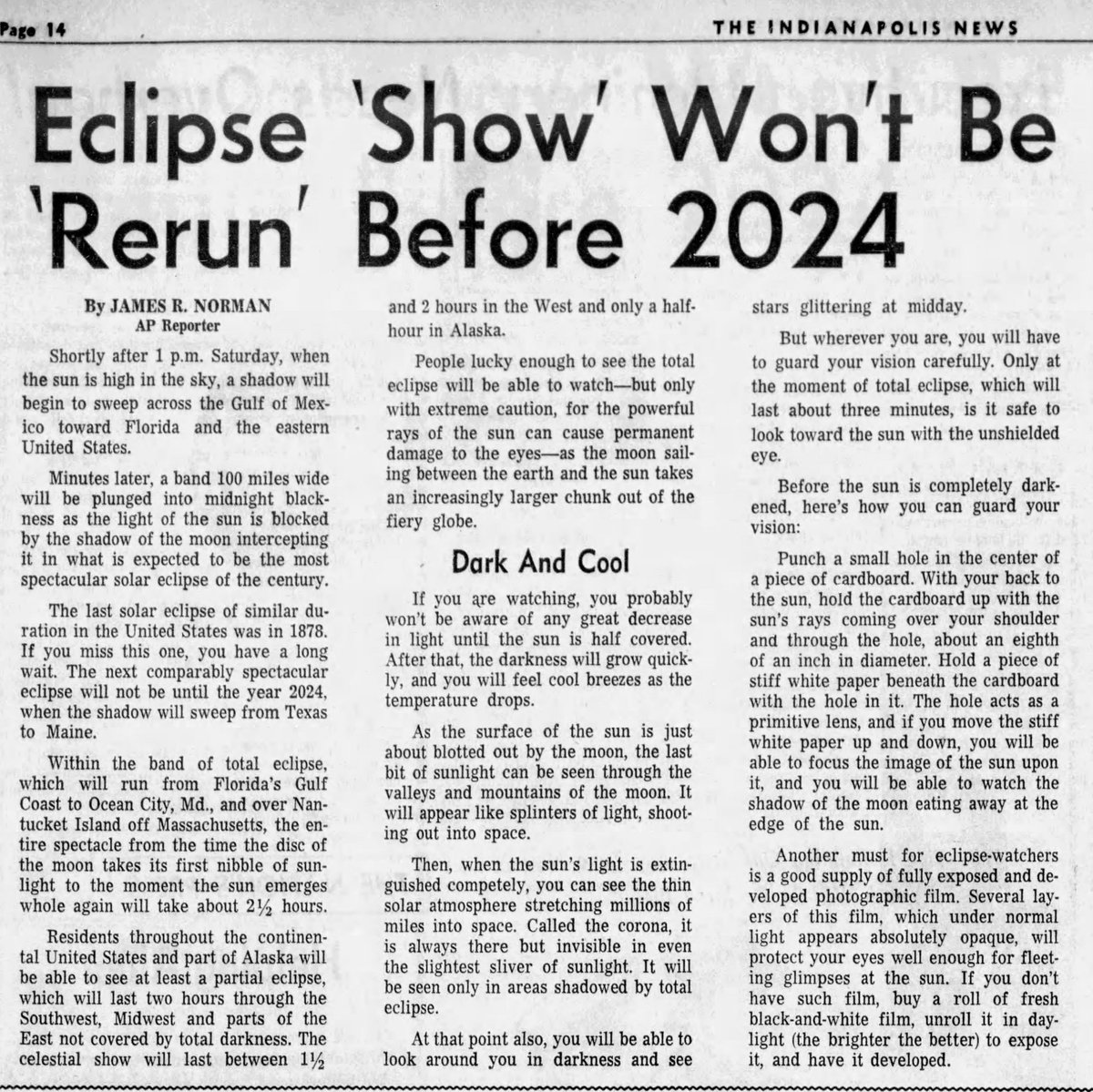 An Indianapolis news clip from March 1970 mentioning the next total solar eclipse in 2024... and a warning to not look directly at the eclipse! Have a good afternoon and enjoy the celestial show! 🌞🌙🌘🌝