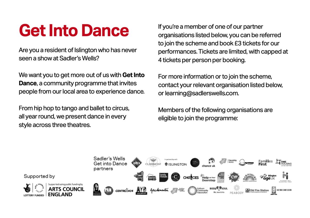 We are proud to announce that we are now partnered with Sadlers Wells & Peacock Theatre to offer £3 tickets to amazing shows for Islington residents. Please contact us if you would like more information and to be referred - we will be happy to share all the details with you!