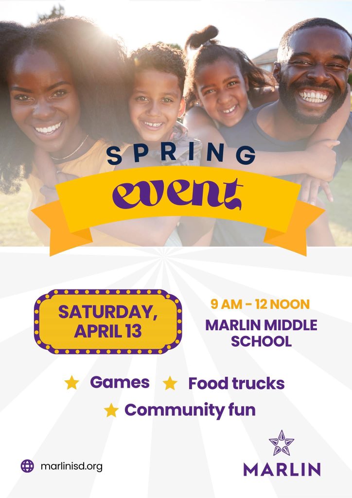 We're excited to invite you to our Spring Family Engagement Event on Saturday, April 13th from 9 am to noon at MMS. Join us for a morning filled with fun & games as we showcase the amazing things happening at MISD. We will have food trucks on site. Can't wait to see you there! 🌟