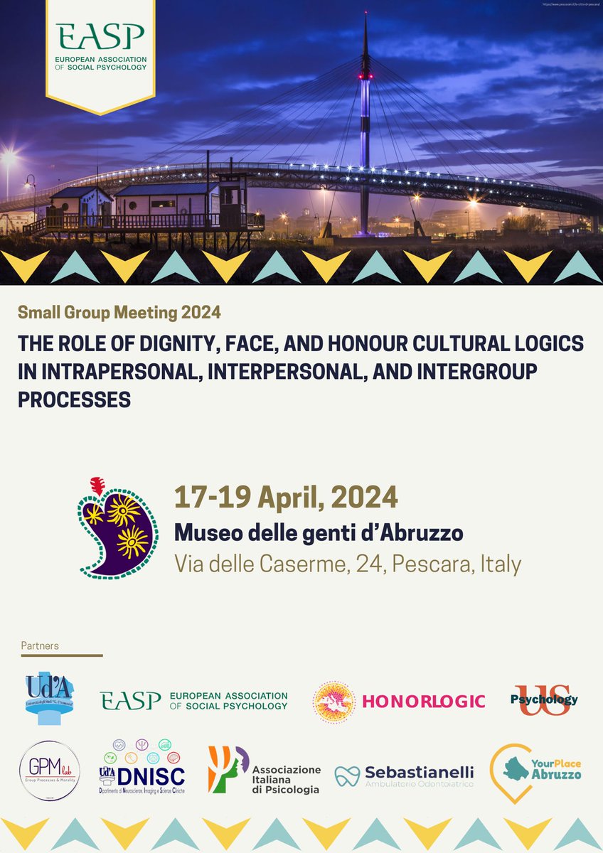 The @easpinfo small group meeting on the role of dignity, face, and honour cultural logics in Pescara is rapidly approaching! I'm so much looking forward to hosting many colleagues from all around the world in my hometown! @UskulAyse @KirchnerHausler @honorlogic_erc @shuxian_jin