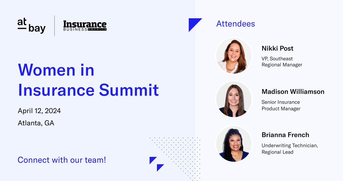 Excited for the Women in Insurance Summit on April 12th! Join us for a day filled with networking, learning, and inspiration from top industry leaders. ✨ Come meet our At-Bay team: Nikki Post, Madison Williamson & Brianna French. See you there! atlanta.ibwomenininsurance.com