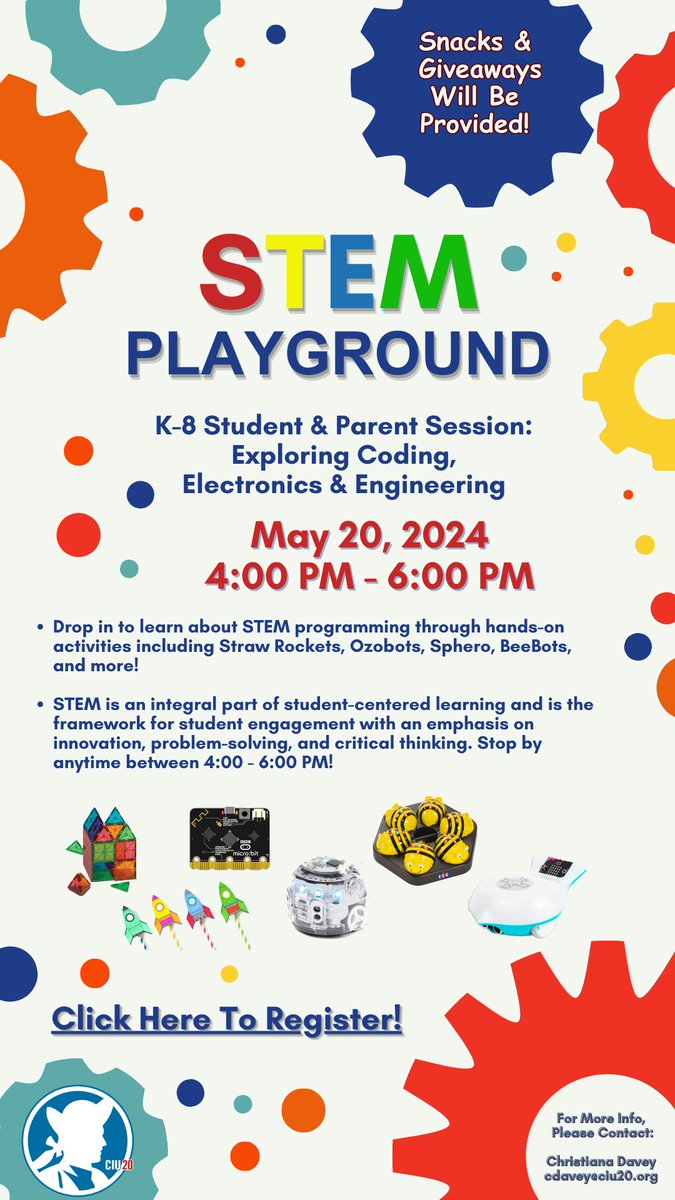 As part of Remake Learning Days, <a href="/ColonialIU20/">Colonial Intermediate Unit 20</a>  is hosting a STEM Playground Night for K-8 families on May 20th from 4:00 - 6:00 p.m! Families will engage in hands-on activities including Straw Rockets, Ozobots, Sperho, BeeBots, and more!! Register - docs.google.com/forms/d/e/1FAI…