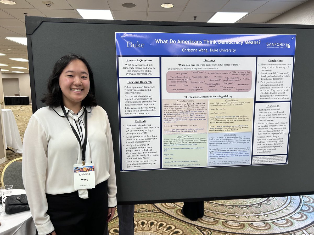 Congrats to ⁦@DukeSanford⁩’s Christina Wang for presenting her honors thesis research on how Americans think about democracy at this year’s ⁦@MPSAnet⁩ conference!