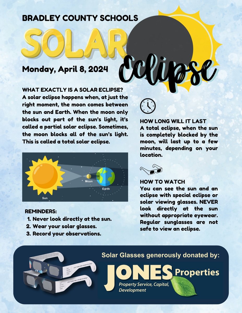 Thanks to the incredible generosity of Jones Management, we're thrilled to announce that solar eclipse glasses have been sent home with all Bradley County students and staff!