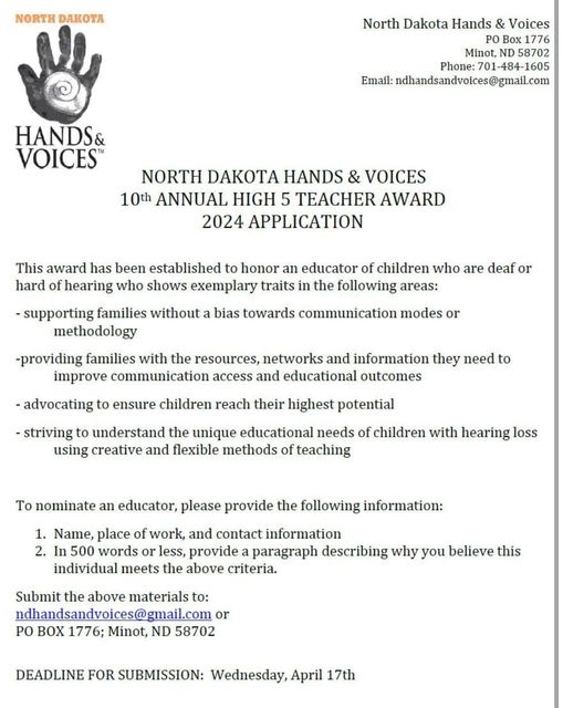 It's the 10th year of honoring the incredible teachers working with children with hearing differences in North Dakota! Don't miss this opportunity to celebrate that special educator in your life.