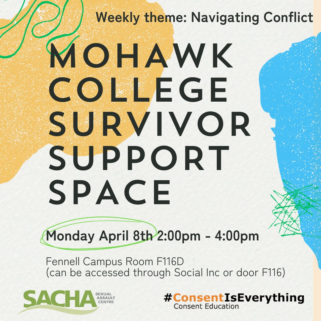 Today 2-4pm we will be hosting a Mohawk College Survivor Support Space at Fennell Campus Room F116D (can be access through Social Inc) Our topic this week is Navigating Conflict Thank you to Mohawk Students Rights & Responsibilities Office for inviting us to run these sessions!
