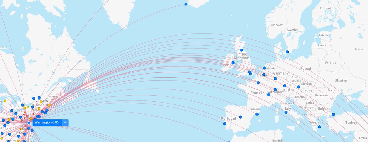 Currently, no direct flights from Washington DC to any country that joined NATO after 1982.