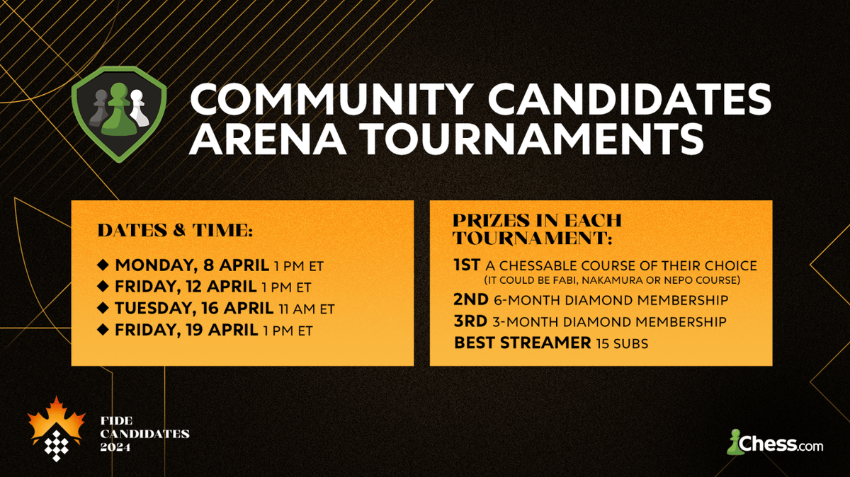 🚨It's rest day at the Candidates tournament which means its time for our first rest day arena!🚨 💎Win FREE diamond memberships or even a FREE @chessable course!🔥 Click the link in thread to learn more!