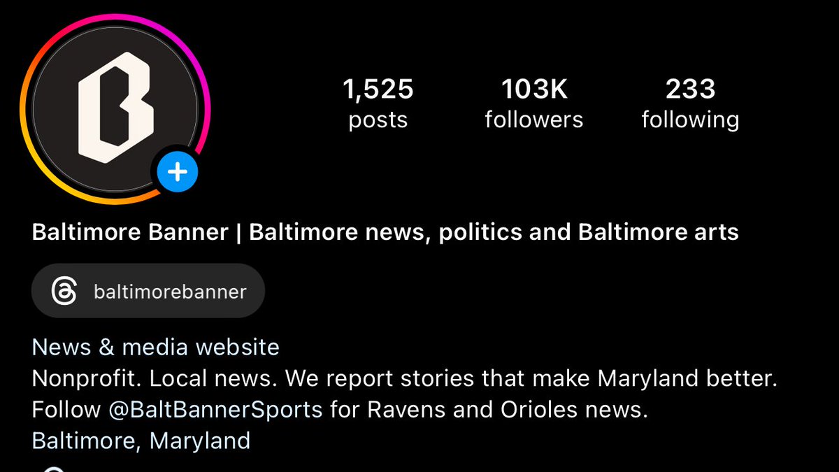 The @BaltimoreBanner crossed 100k followers on Instagram over the weekend — we're now up to 103k! I'm so proud of our social and visual teams for putting our journalism in front of an IG audience. Non-profit, local news for the win. People want it. instagram.com/baltimorebanne…