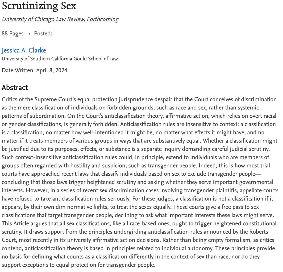 1. I’m delighted to announce that my new article, Scrutinizing Sex, is forthcoming in the University of Chicago Law Review. I’m excited to work with <a href="/UChiLRev/">UChicago Law Review</a>. papers.ssrn.com/sol3/papers.cf…