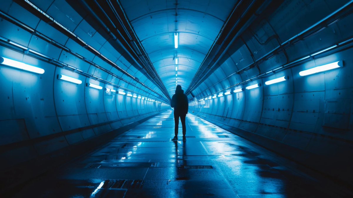 pixexid's tweet photo. Step into the future with this mesmerizing AI-generated art! 🚶♂️💙✨ Dive into the mysterious world of a man walking through a futuristic tunnel illuminated by captivating blue neon lights. #AIart #SciFiScene #DigitalArt https://t.co/yTnJX71ctU