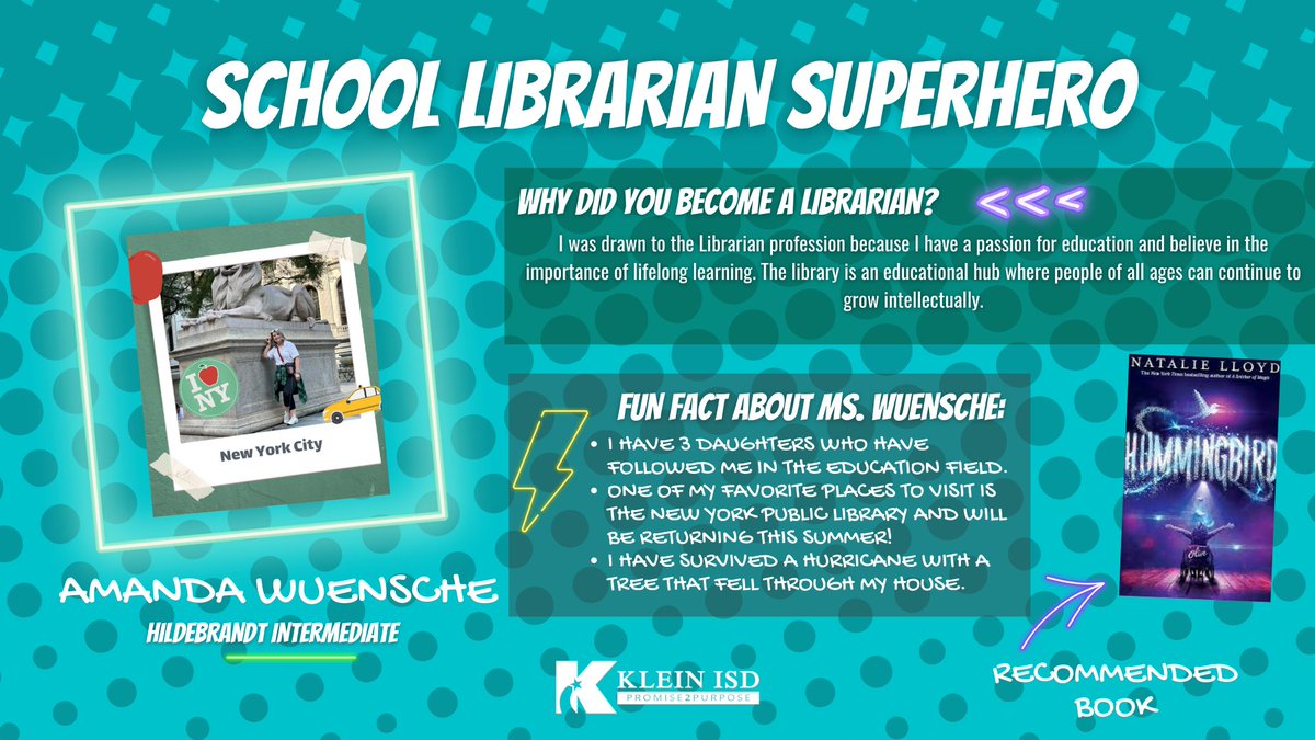 From recommending the perfect book to providing invaluable research assistance, @HildeLibrary is the heartbeat of @HildebrandtKISD. Thanks for all you do! #NationalLibraryWeek #KleinLibraries