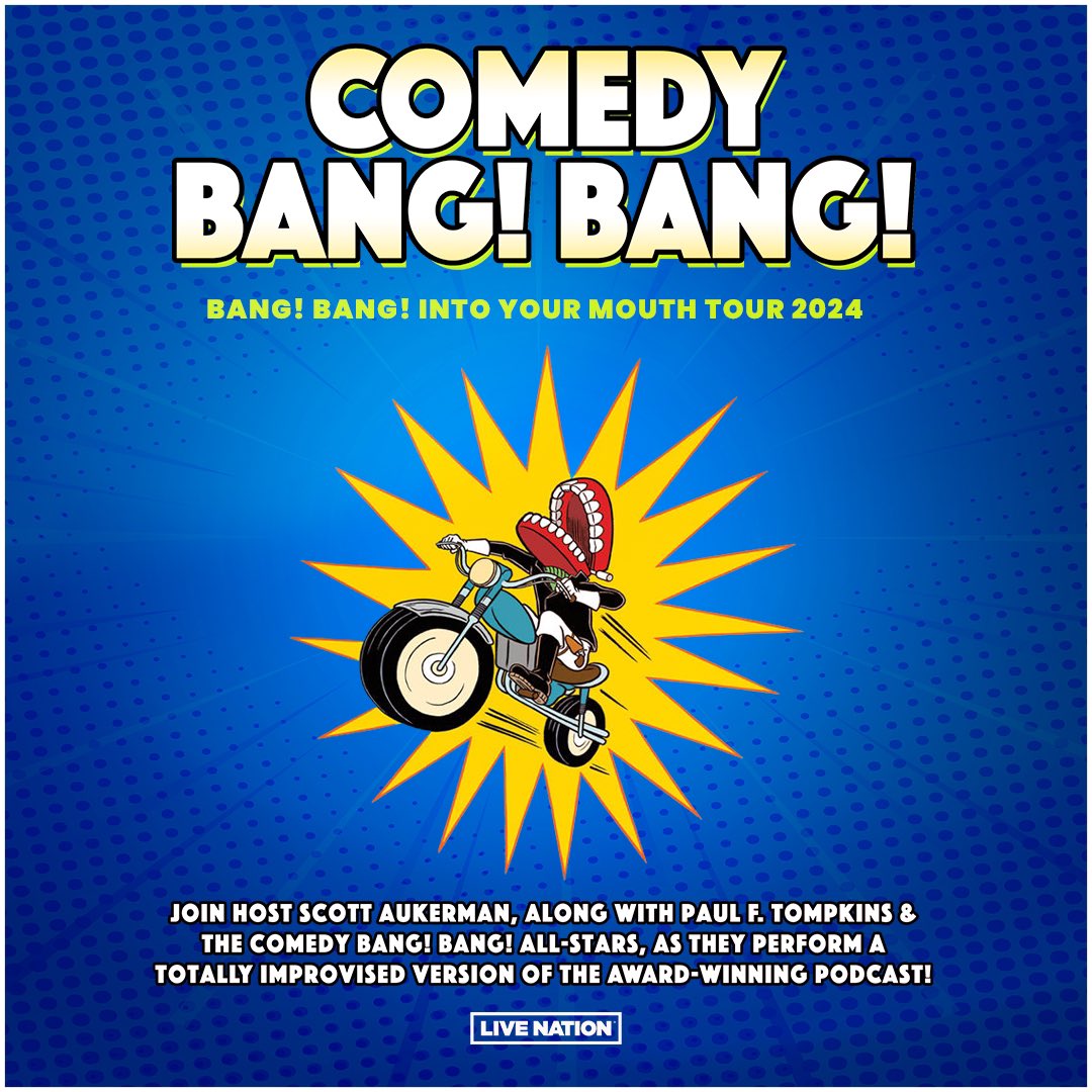 OPEN WIDE 🤣 Comedy Bang! Bang!: The Bang! Bang! Into Your Mouth Tour 2024 is coming to a city near you! Join the All-Stars as they perform a totally improvised version of the award-winning podcast 🎟️ Tickets on sale Friday at 10am local on livenation.com/artist/K8vZ917…