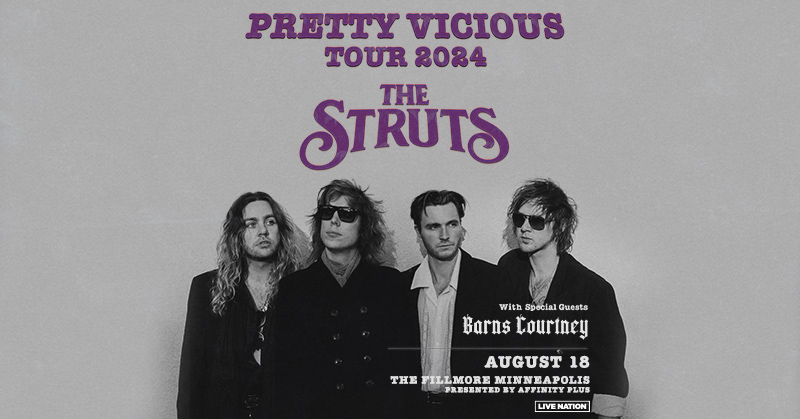 JUST ANNOUNCED! The Struts are bringing the Pretty Vicious Tour to Minneapolis on August 18 with special guest Barns Courtney! Presale starts Tuesday at 10am with code RIFF. General tickets on sale Friday, April 12 at 10am: livemu.sc/49l2Mqp