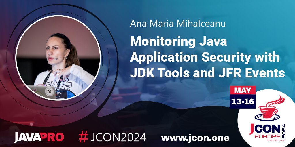 Excited for #JCON EUROPE 2024? See @ammbra1508 at #JCON2024 in Cologne talking about 'Monitoring #Java Application Security with #JDK Tools and #JFR Events' Monitoring the underlying security configuration of your #Java … Get your free #JUG Ticket: jcon.one