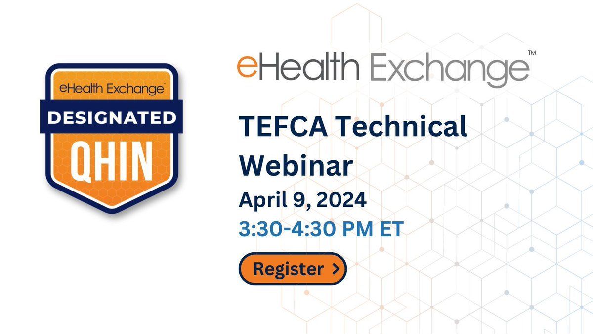 eHealth Exchange monthly TEFCA Technical webinar is tomorrow, April 9th from 3:30-4:30 PM ET. Available to anyone who may have questions related to technical requirements for #TEFCA exchange. Join us: buff.ly/42AX6qe #BeMyQHIN #interoperability #healthcareIT