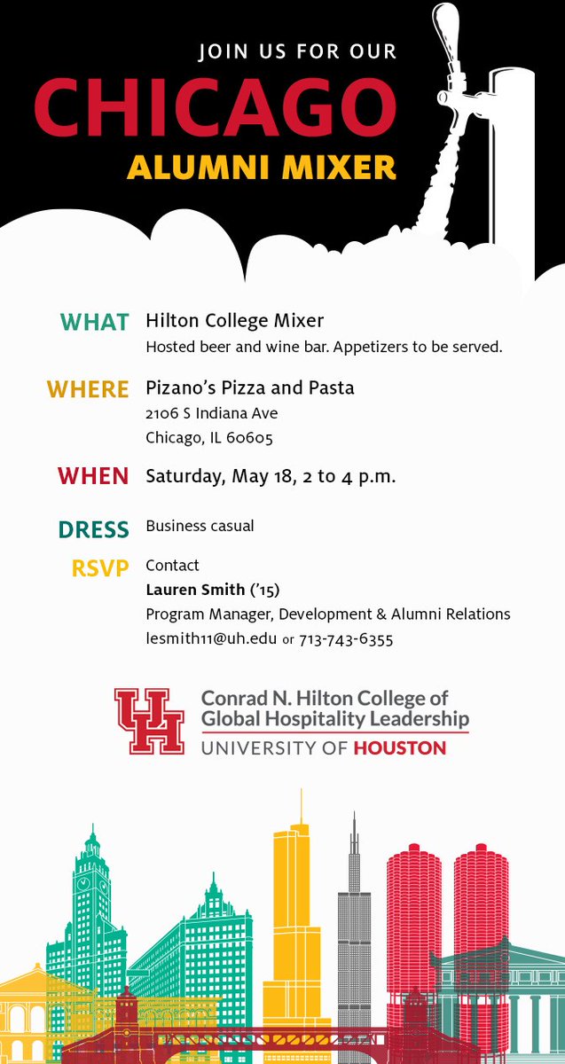 Join us on Saturday, May 18 from 2 PM to 4 PM for an afternoon of connection and camaraderie, courtesy of the Conrad N. Hilton College of Global Hospitality and Leadership. 📍: Pizano's Pizza and Pasta, 2106 S Indiana Ave, Chicago, IL 60605.