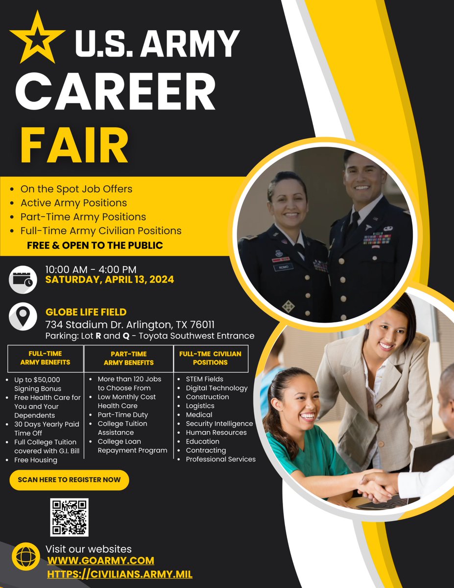Interested in a career with the Army? Check out the career fair April 13 at Globe Life Field in Arlington, TX for full and part-time positions. #IMCOM We Are the #ArmysHome