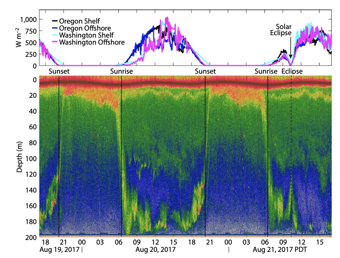 🌕🌚🌝 What happens with diel vertical migration during a solar eclipse? If it’s anything like what researchers observed with @oceanobserv instruments in 2017, animals will start their journey to the surface whenever the sunlight starts to wane. Still via @TOSOceanography 2018