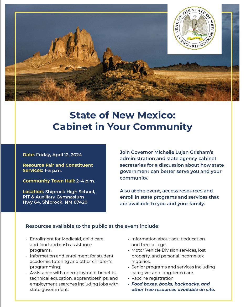 Hey Shiprock! We're excited to announce the Cabinet in Your Community event happening on April 12th at 1 p.m. Join us for valuable discussions and gain access to resources like Medicaid enrollment, educational programs, and more. Together, we can make a difference!
