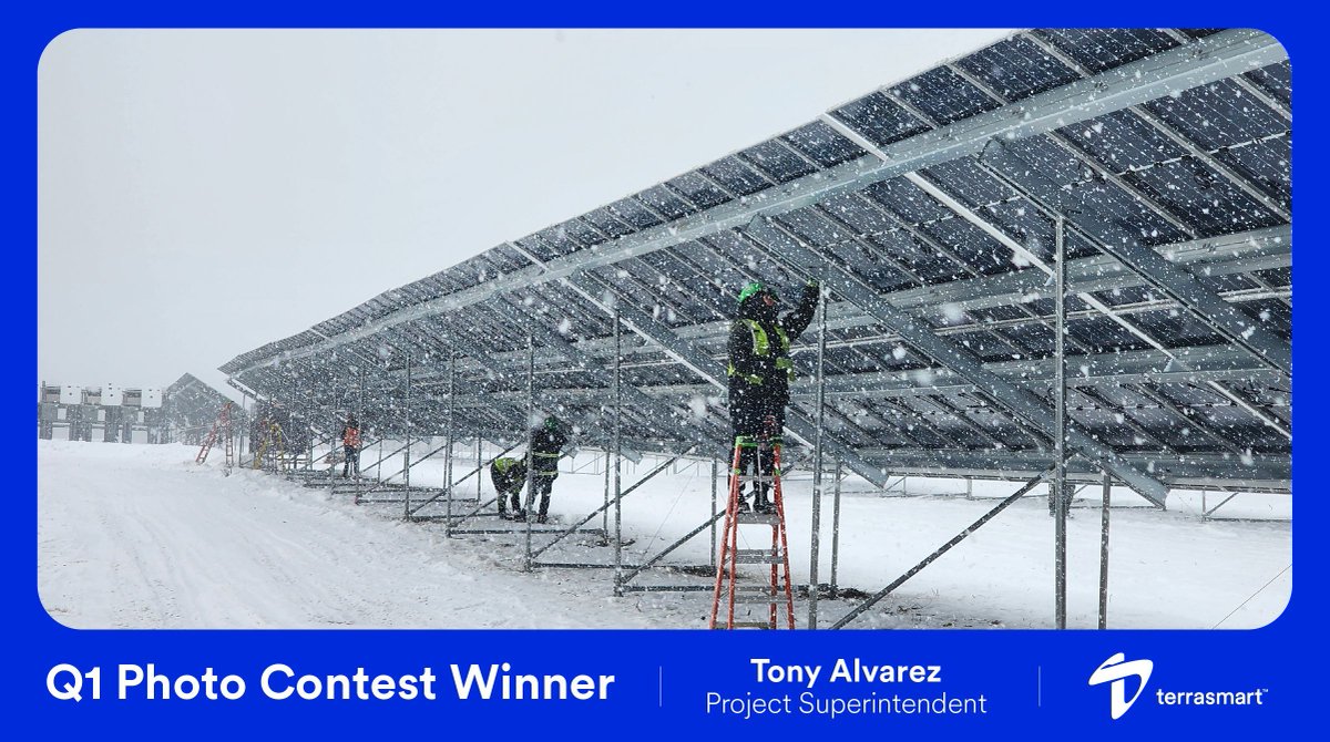 We're thrilled to spotlight our Project Superintendent, Tony Alvarez, whose winning photo was chosen from 45 submissions to our Q1 photo contest! This photo showcases our dedicated field team in Brewer, Maine.

#Terrasmart #Solar #PoweringProgress #SolarEnergy #PhotoContest