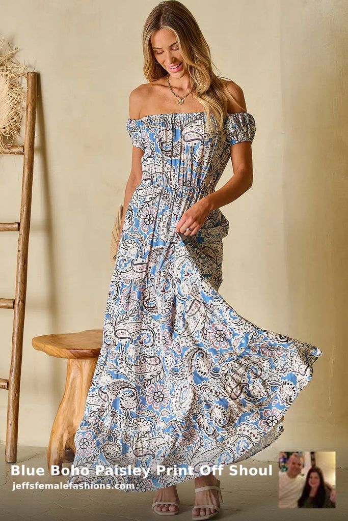 Elevate your summer style with our Blue Boho Paisley Print Off Shoulder Maxi Dress. Perfect for showcasing your collarbones while flattering your curves. Get yours for the lowest price of $45.95! Shop now: shortlink.store/jnwyqrqeov9c #EDMMonthly #SummerFashion #BohoChic