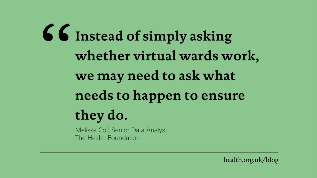 Virtual wards treat patients in their own homes who would traditionally be cared for in hospital. Our Senior Data Analyst, Melissa Co, looks at the evidence and challenges – and what can be done about them ⬇️

health.org.uk/news-and-comme…