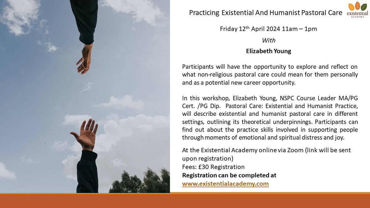 Less than a week to go! Dr Elizabeth Young will provide an overview of existential and humanist pastoral care. Registration can be completed on the Existential Academy website. #OnlineWorkshop #PastoralCare #HumanistCare #Existentialism #Therapy