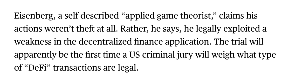This 'code is law' defense is fascinating and might just work. Defendant's 'crime' was like exploiting a casino's warped roulette wheel. It's dishonest but is it theft? bloomberg.com/news/articles/…