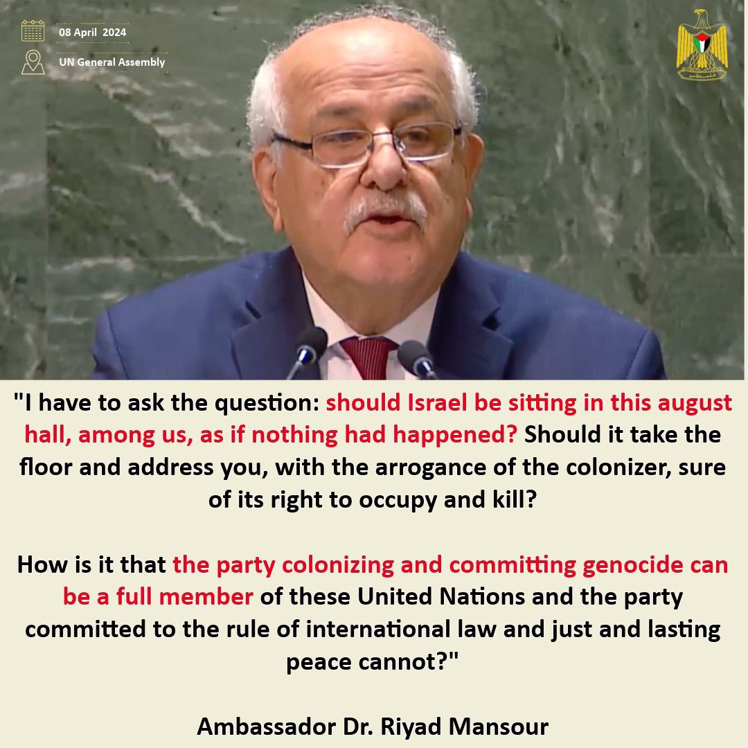 BREAKING: At the UN Assembly NOW! Palestinian Ambassador Dr. Riyad Mansour asks how a country committing genocide can still be seated among us, take the floor, and address the world with the arrogance of the colonizer?