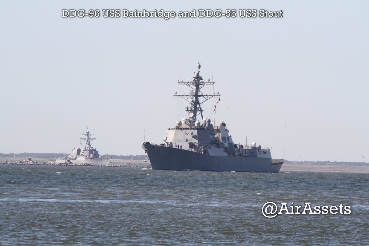 09:45 Hrs Eastern Time 8 April Eclipse Day we had 2 DDG's depart Naval Station Norfolk outbound for sea.
The USS Bainbridge DDG-96 and  USS Stout DDG-55 both Arleigh Burke Class guided missile destroyers.

#ddg96 #ussbainbridge #ussstout #ddg55