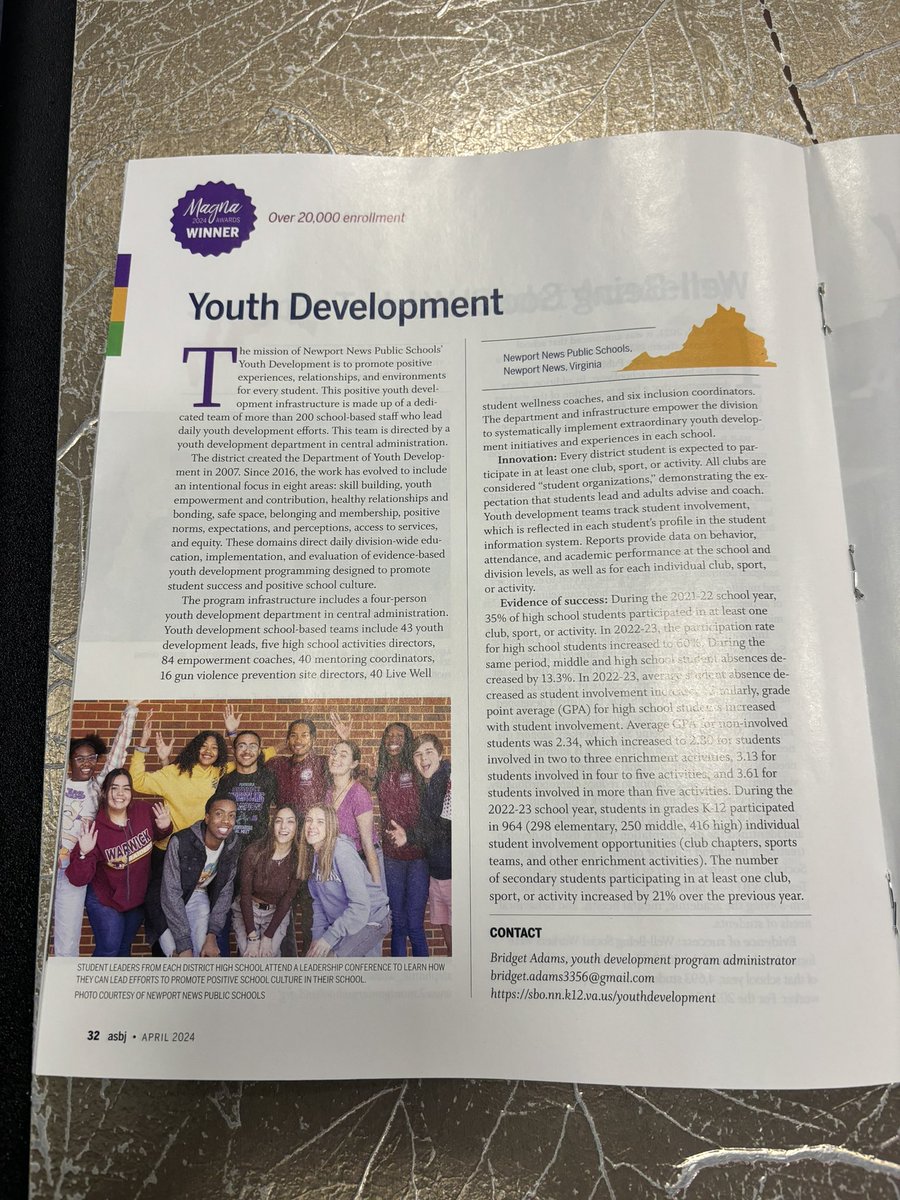 Congratulations, @nnschools and @NNPSYouthDev on receiving the 2024 National Silver Magna Award from the National School Board Association for your unique youth development infrastructure and innovative  programming!
