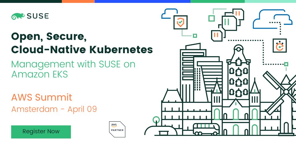 🚀 We're ready for #AWSSummit! ✅Stop by booth #B18 to discover all about our #container management and #security solutions. Join our session on 'Securing Amazon EKS workloads: Your 15-minute guide' with SUSE's CTO, Gerald Pfeifer. See you in #Amsterdam! 👉okt.to/wvI17C