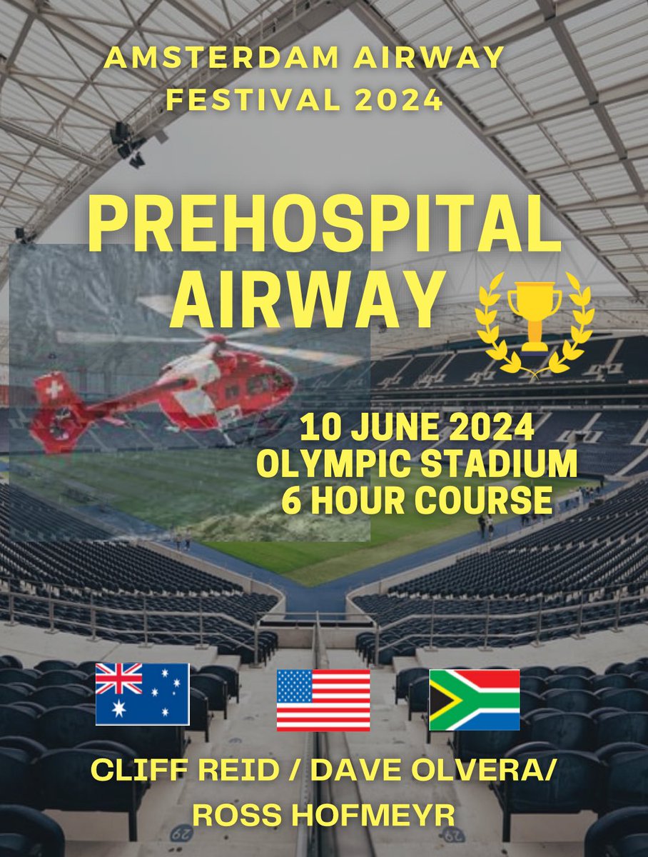 Learn from the international educators and clinical leaders of prehospital airway management. Interactive small group 6 hour prehospital airway course during Amsterdam Airway Festival 2024. At @olympisch Olympic Stadium Info and registration airwaymanagementacademy.com/courses/…