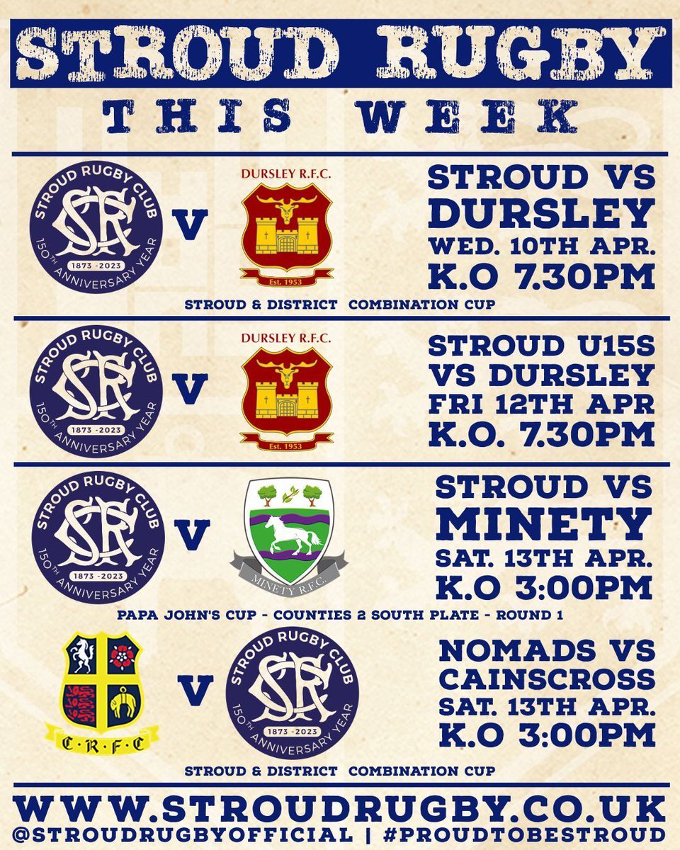 Rugby galore at Stroud this week! The 1st XV host Dursley on Wednesday night and Minety on Saturday, while the Nomads head to Cainscross. On Friday night the U15s take on Dursley at Fromehall Park! 🤩 #proudtobestroud #thefutureisbright #thefutureisblueandwhite