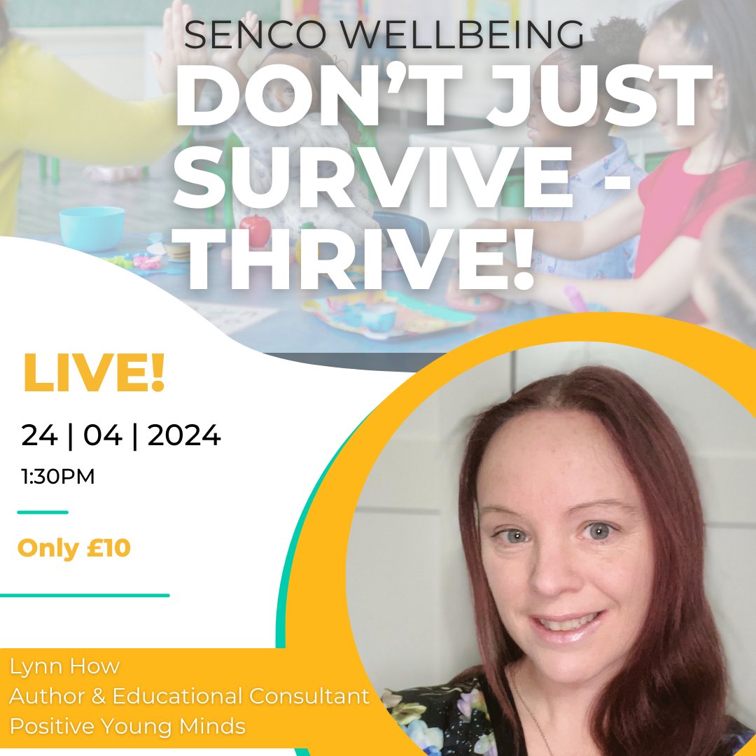 SENCO wellbeing is a huge challenge when faced with a growing tide of children requiring their support 😣 How can schools support them? Lynn is an expert with years of experience across the UK - join her live in April! 👇 ow.ly/LBHj50R1bAF @Positive_Y_Mind #edutwitter