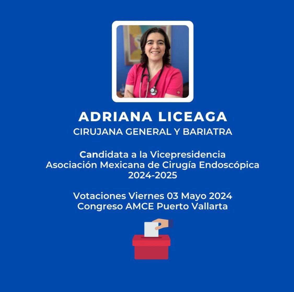 El  3 de Mayo en el Congreso de Puerto Vallarta será la elección para Vicepresidencia de AMCE ,apoya con tu Voto a Adriana Liceaga comprometida con la enseñanza quirúrgica , incluyente y con una visión de innovación. Además de ser una gran persona.
#Meritocrasia
#HeforShe .